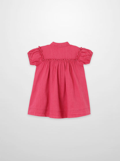 Adee pink denim short-sleeve dress for girls with a smocked back yoke