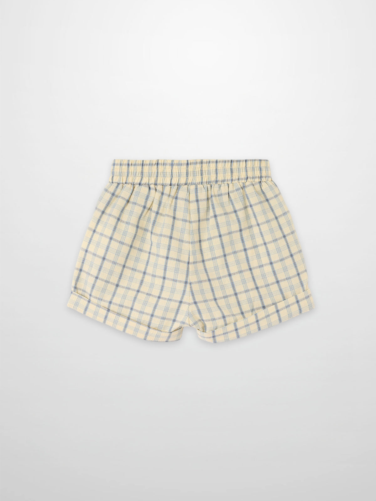 Beige plaid shorts with blue check pattern and elastic waistband