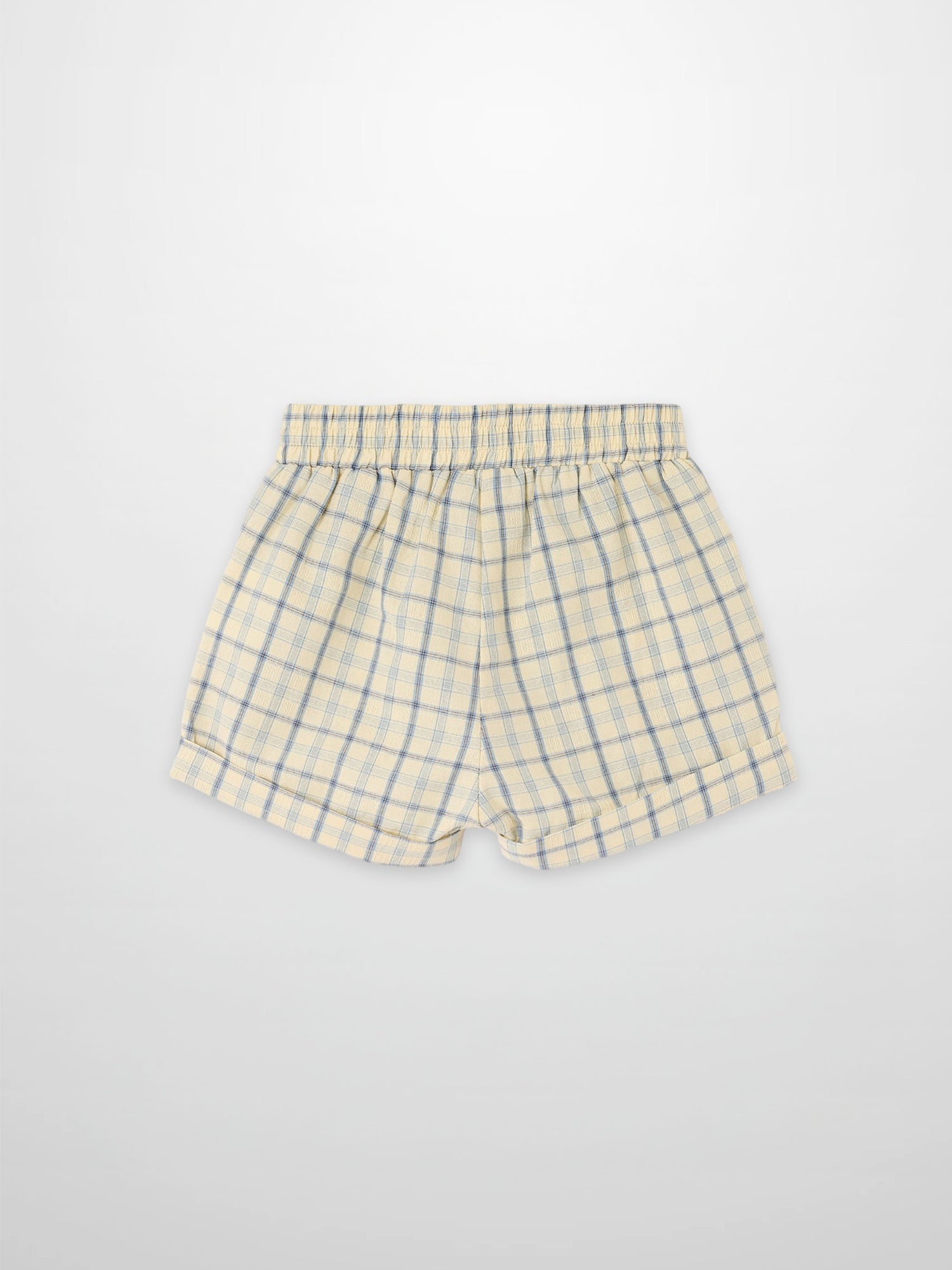 Beige plaid shorts with blue check pattern and elastic waistband