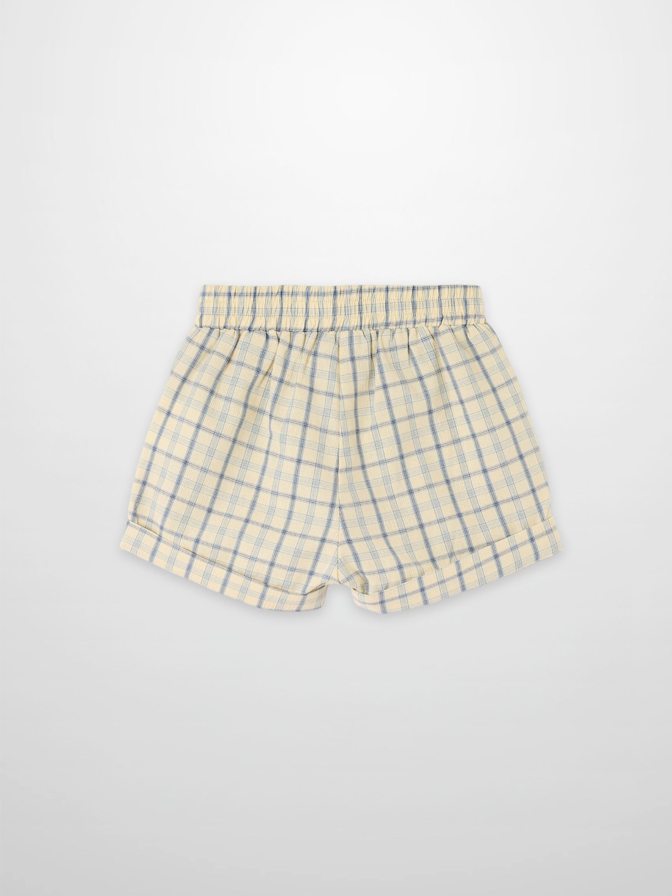 Beige plaid shorts with blue check pattern and elastic waistband