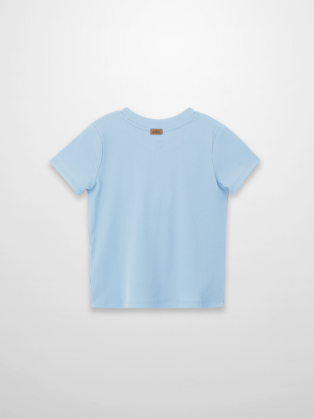 Light blue thin ribbed T-shirt with short sleeves, back view and brown label.