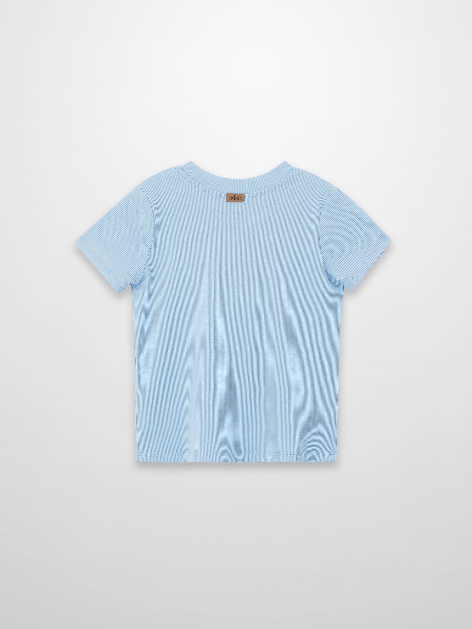 Light blue thin ribbed T-shirt with short sleeves, back view and brown label.
