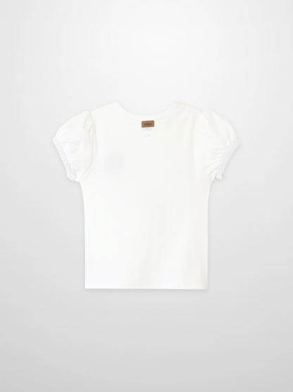 Embroidered Strawberry Short Puff Sleeve T-shirt, white, Adee girls tops