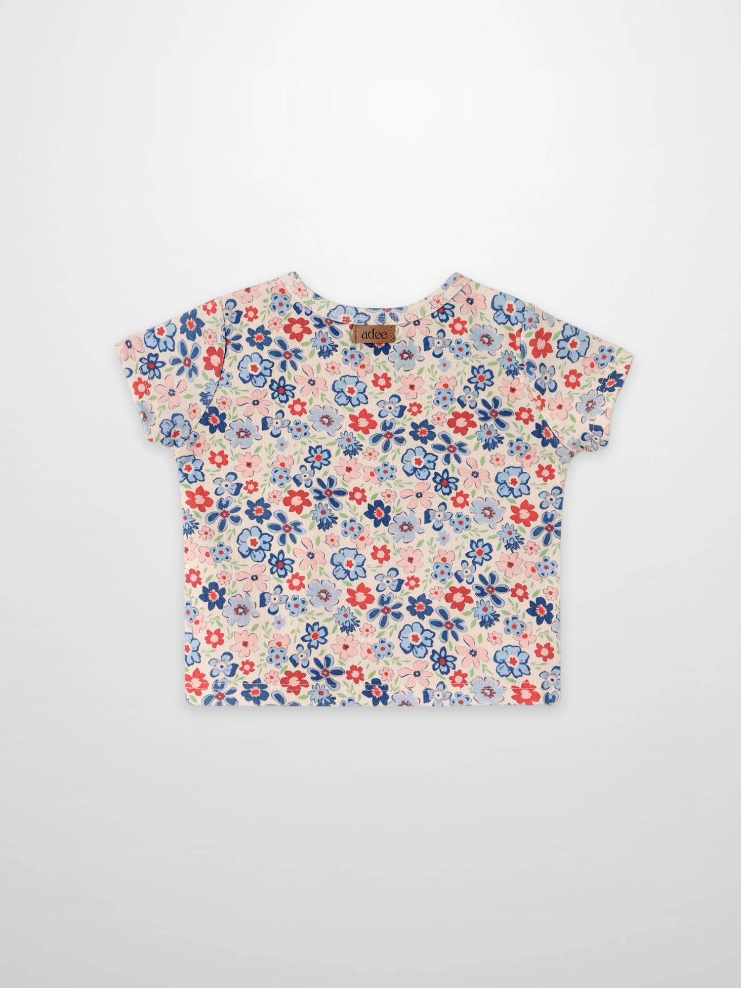 Garden Flower Short Sleeve Shirt for girls by Adee, pink-blue floral print tee with blue, red, and pink blossoms