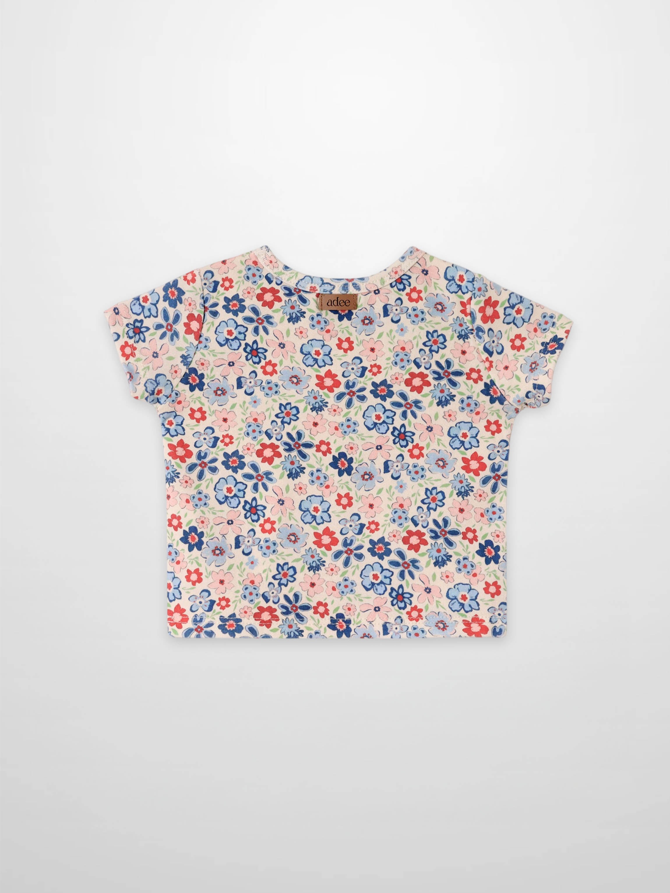 Garden Flower Short Sleeve Shirt for girls by Adee, pink-blue floral print tee with blue, red, and pink blossoms