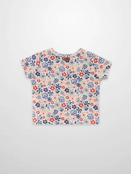 Garden Flower Short Sleeve Shirt for girls by Adee, pink-blue floral print tee with blue, red, and pink blossoms