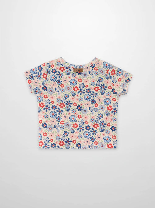 Garden Flower Short Sleeve Shirt for girls by Adee, pink-blue floral print tee with blue, red, and pink blossoms