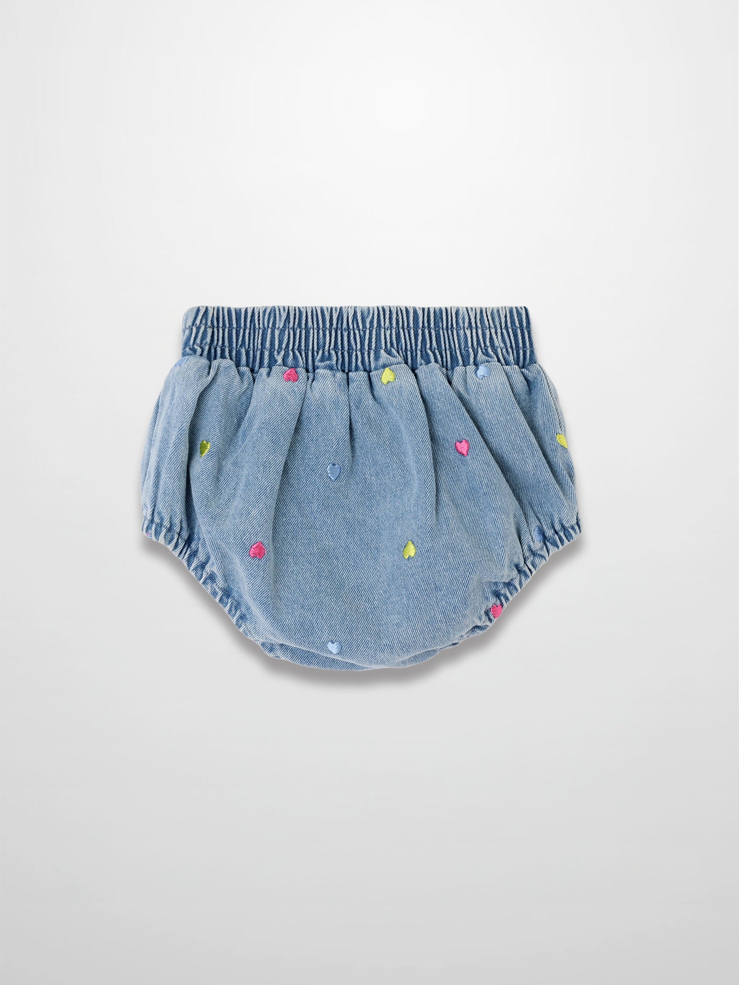 Embroidered Heart Denim Bloomers with colorful heart accents on light-wash denim
