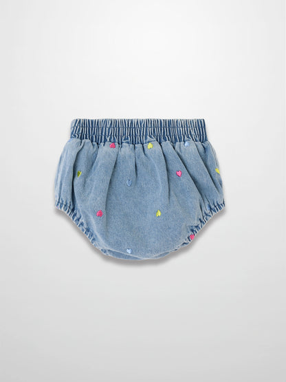 Embroidered Heart Denim Bloomers with colorful heart accents on light-wash denim
