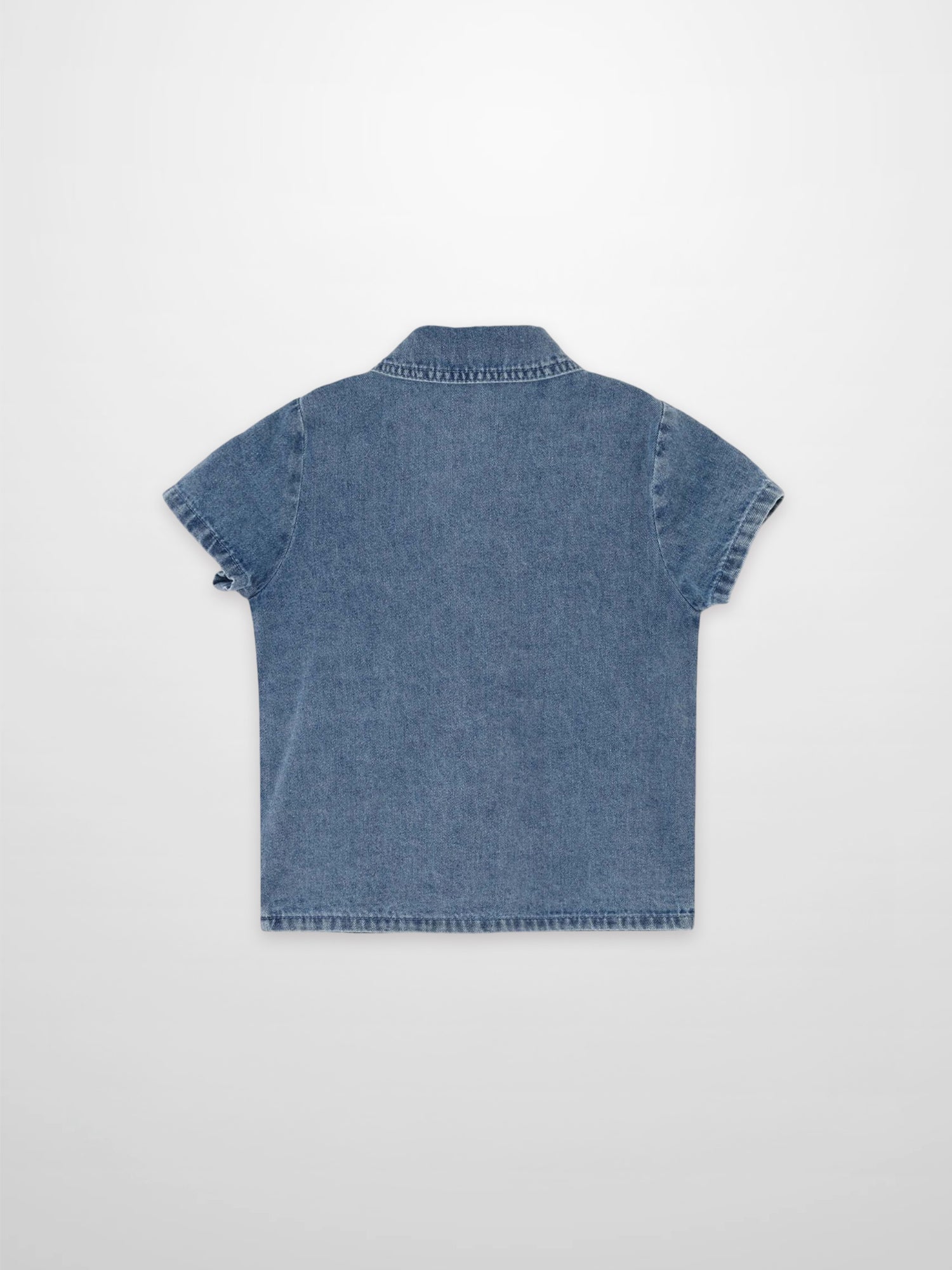 Blue denim button-down shirt for boys by Adee, back view.