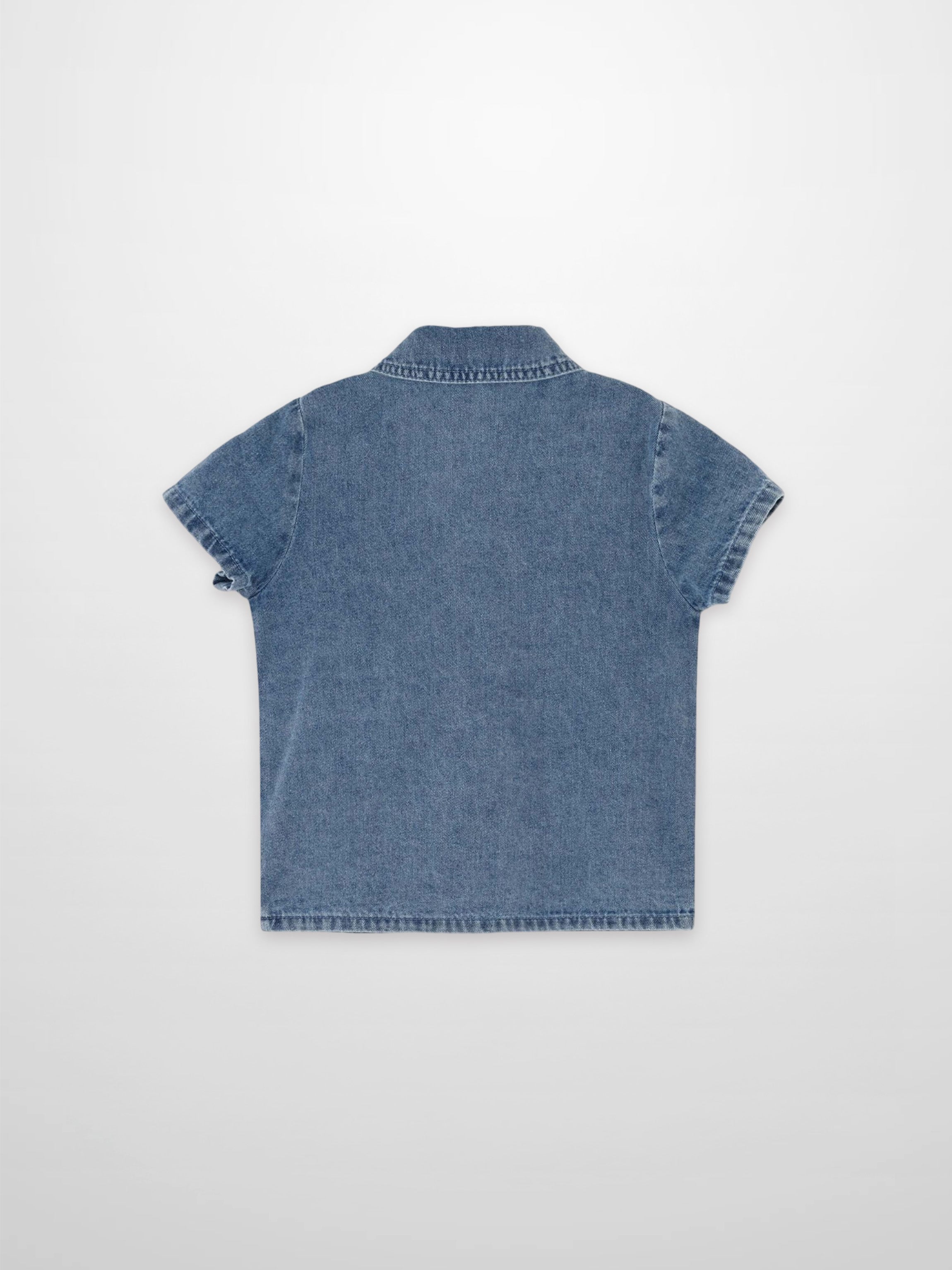 Blue denim button-down shirt for boys by Adee, back view.