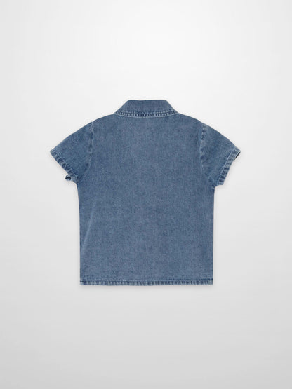 Blue denim button-down shirt for boys by Adee, back view.