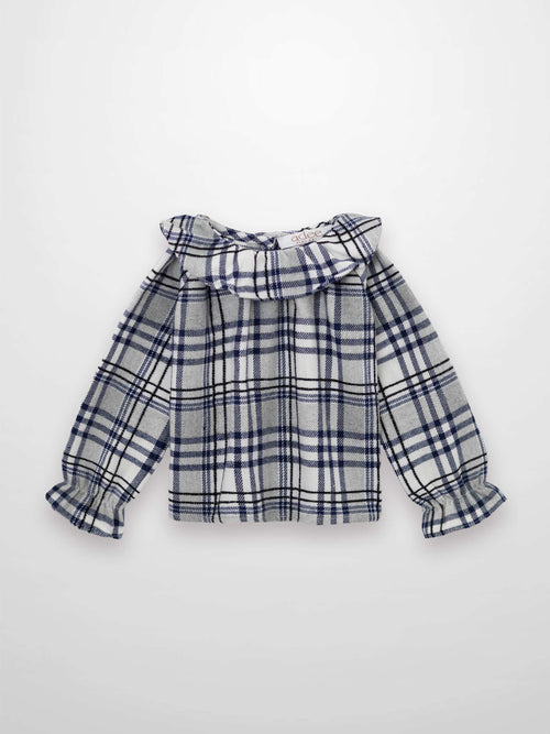 Plaid shirt for girls by Adee in blue/gray with ruffle cuffs