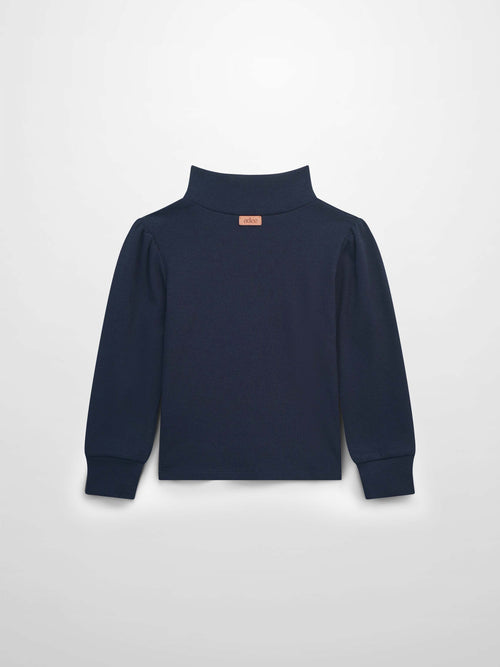 Navy ribbed puff-sleeve shirt with mock neck for girls, back view.