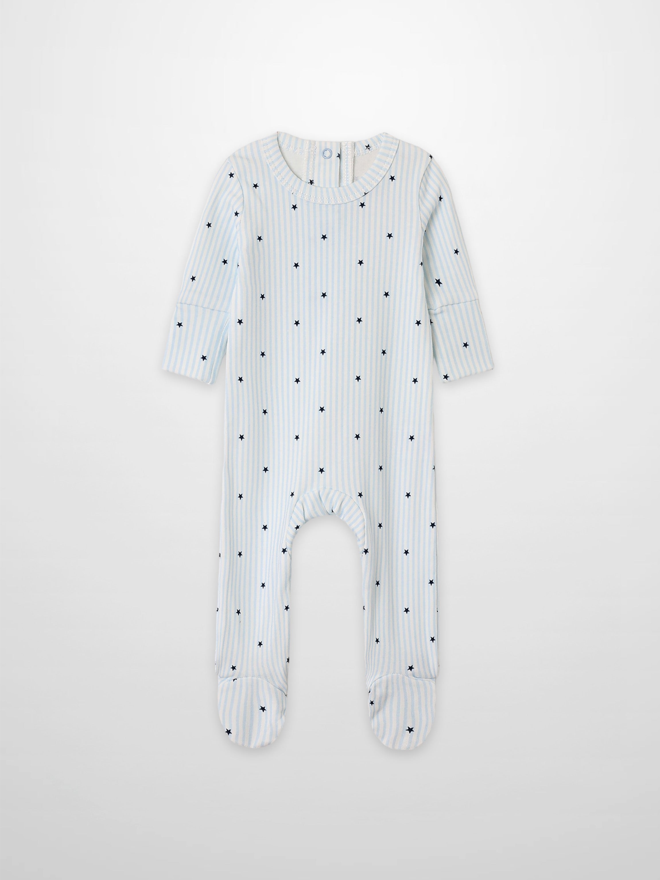 Blue Star Stretchy boys’ footed romper in light blue and white stripes with navy stars by Adee.