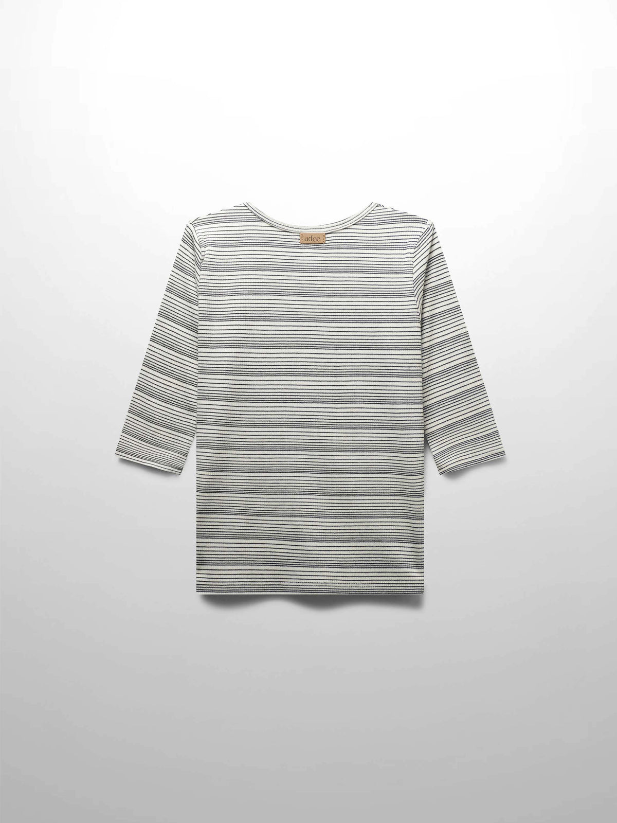 Black striped fitted 3/4 sleeve T-shirt for girls on white textured fabric with narrow-to-wide stripes.