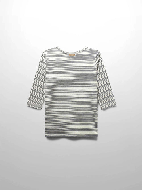 Black striped fitted 3/4 sleeve T-shirt for girls on white textured fabric with narrow-to-wide stripes.