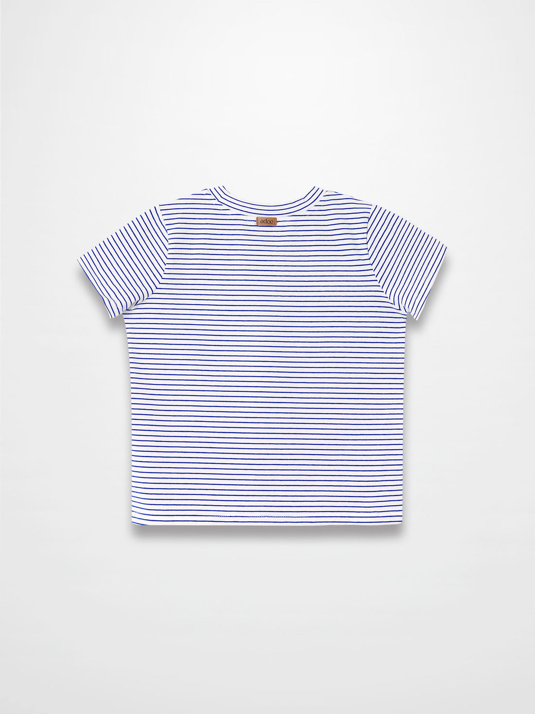 Blue striped boxy T-shirt with navy stripes, short sleeves, back view with neck label.