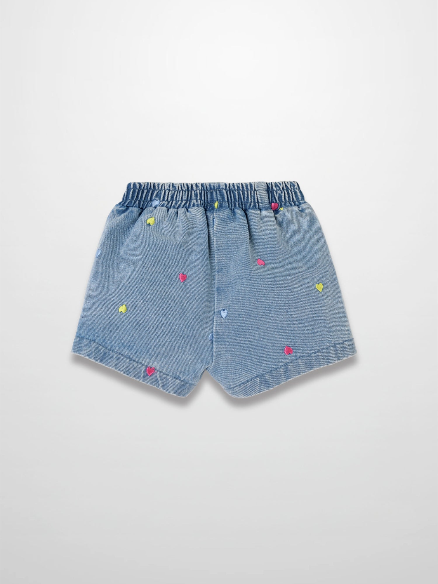 Embroidered Heart Denim Shorts in blue denim with multicolor heart embroidery and an elastic waistband.