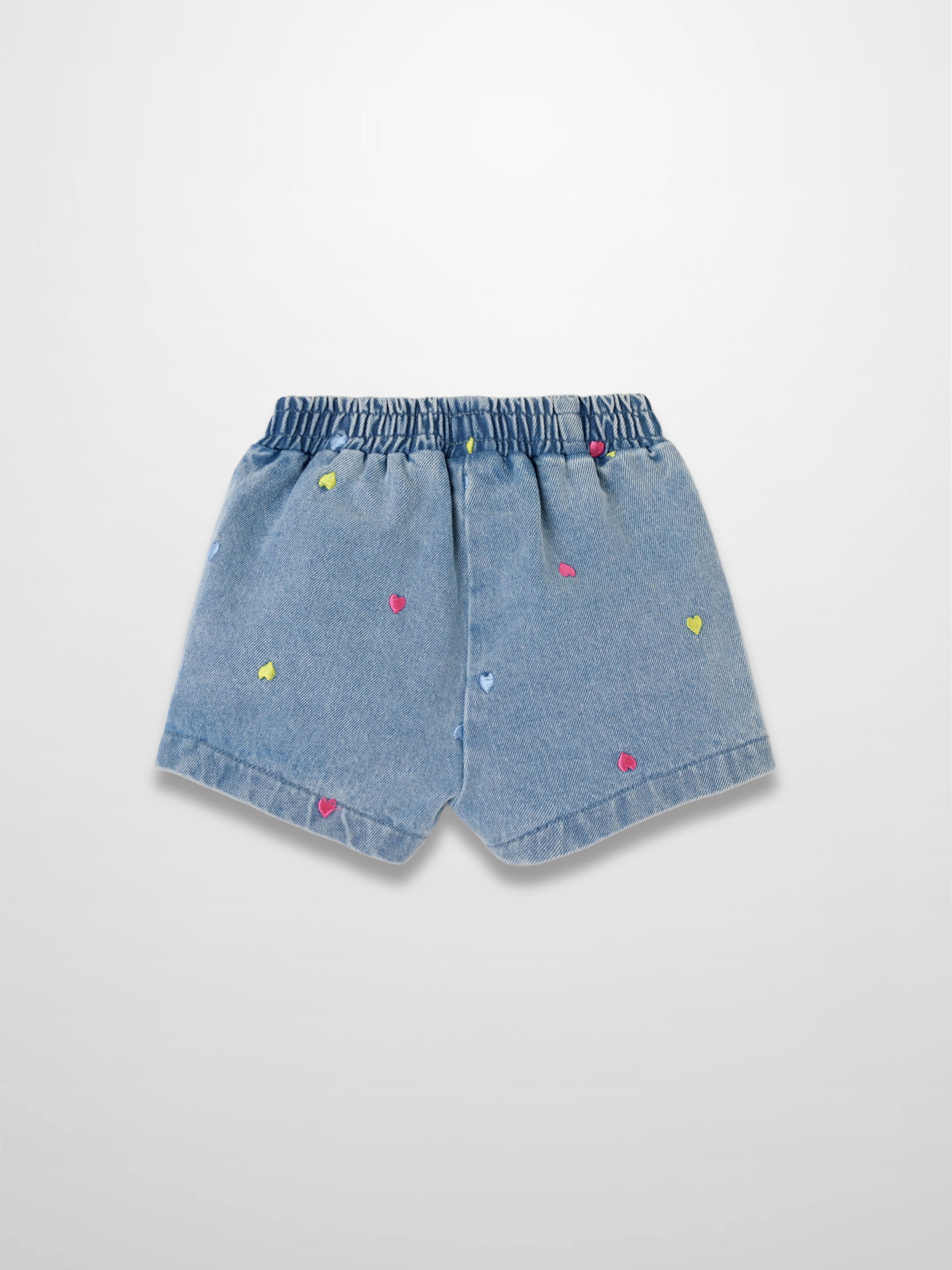 Embroidered Heart Denim Shorts in blue denim with multicolor heart embroidery and an elastic waistband.