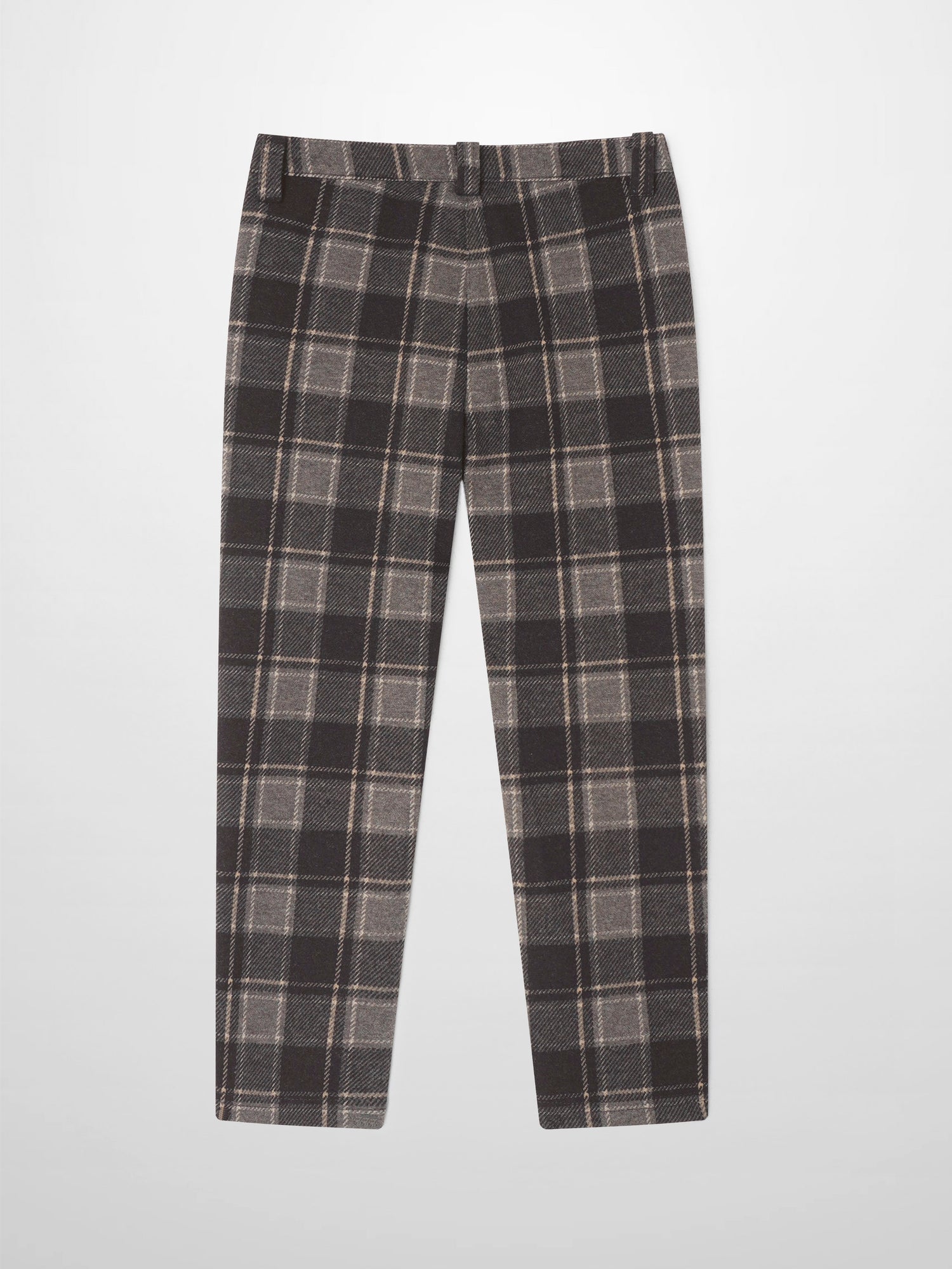 Boys plaid brown dress pants with gray check pattern.