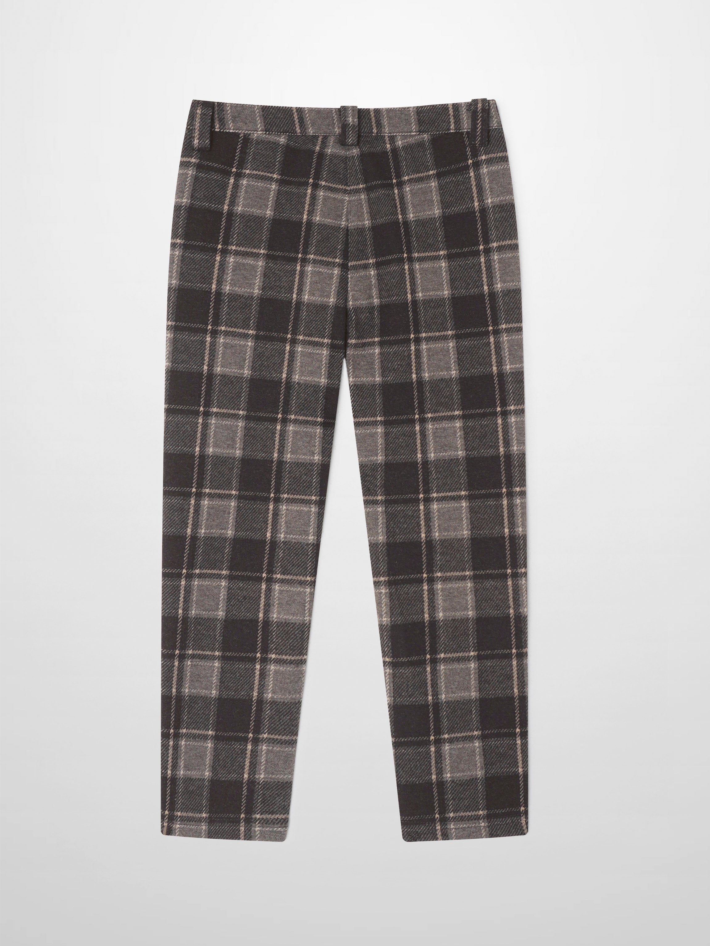 Boys plaid brown dress pants with gray check pattern.