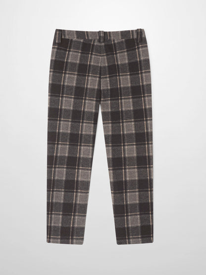 Boys plaid brown dress pants with gray check pattern.