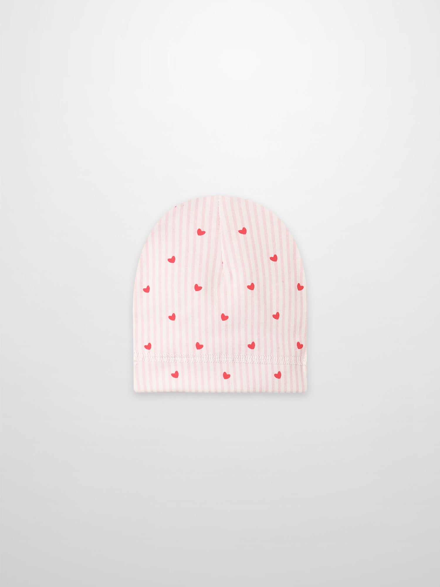Pink Heart Hat for girls by Adee; pink striped beanie featuring tiny red hearts and soft knit fabric.