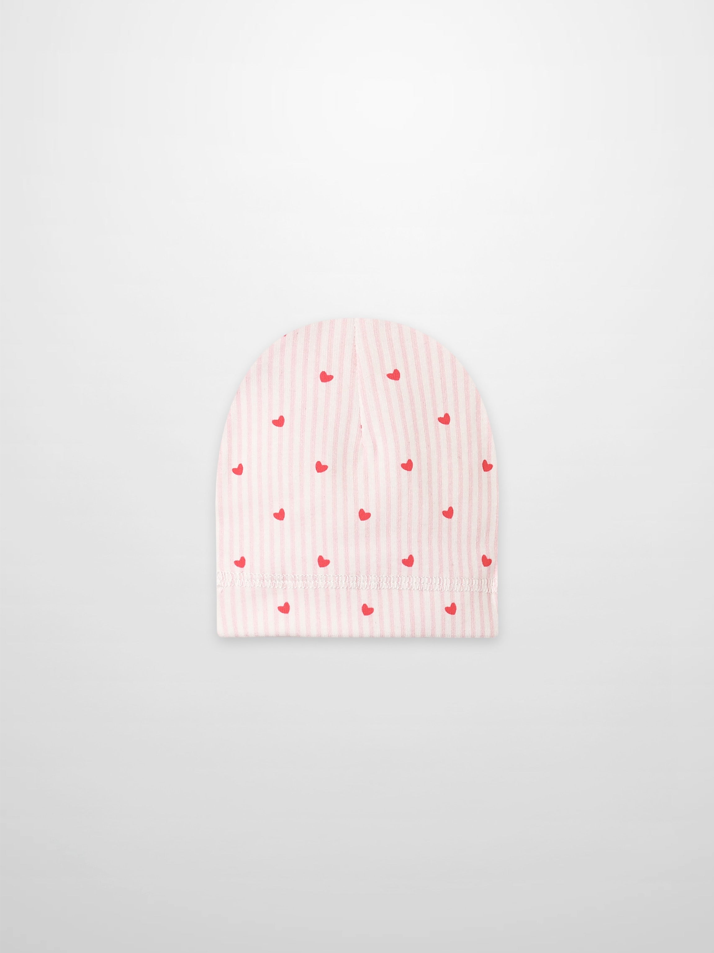 Pink Heart Hat for girls by Adee; pink striped beanie featuring tiny red hearts and soft knit fabric.