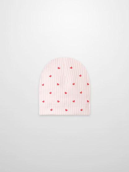 Pink Heart Hat for girls by Adee; pink striped beanie featuring tiny red hearts and soft knit fabric.