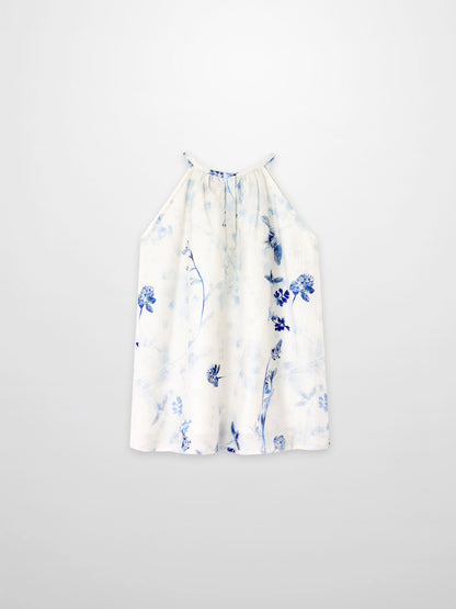 Blue Flower Jumper dress for girls by Adee, white with blue floral print.