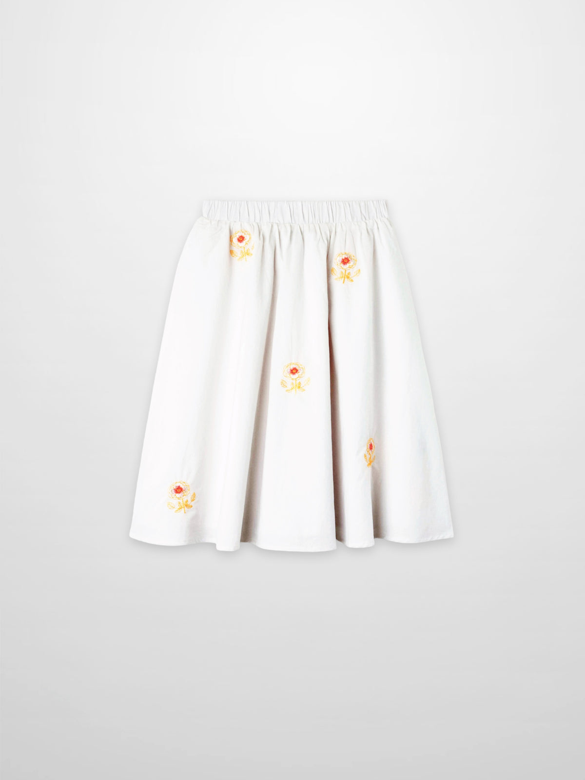 Embroidered Flower Skirt for girls, white dressy skirt with yellow-pink floral embroidery and elastic waist.