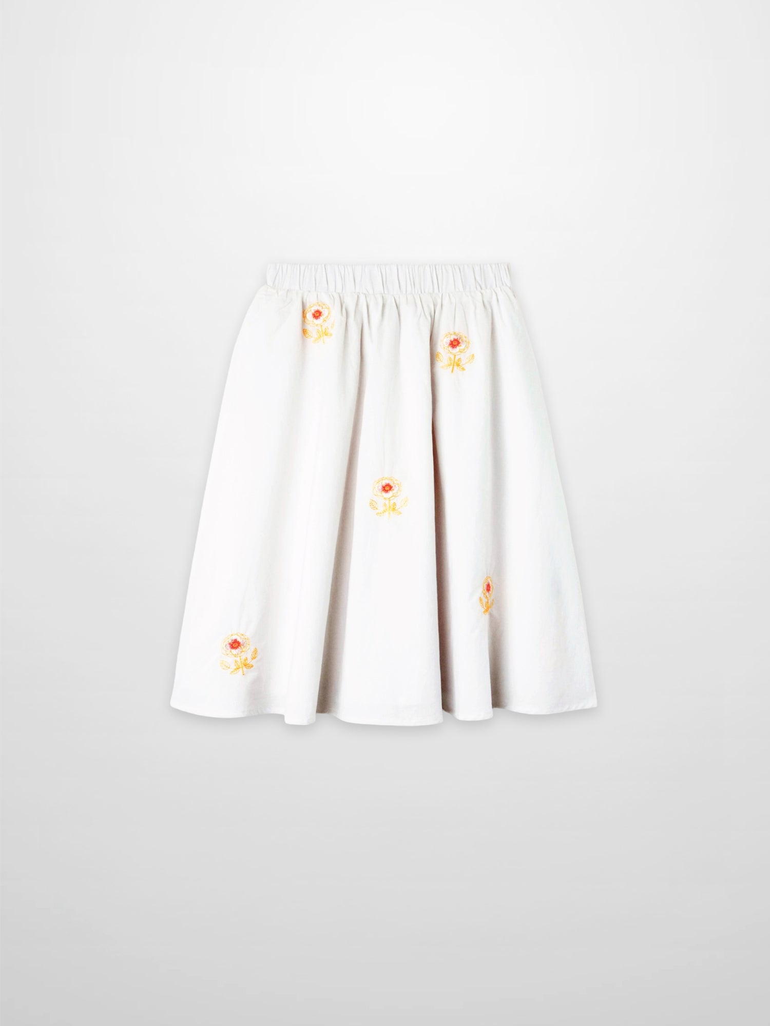 Embroidered Flower Skirt for girls, white dressy skirt with yellow-pink floral embroidery and elastic waist.