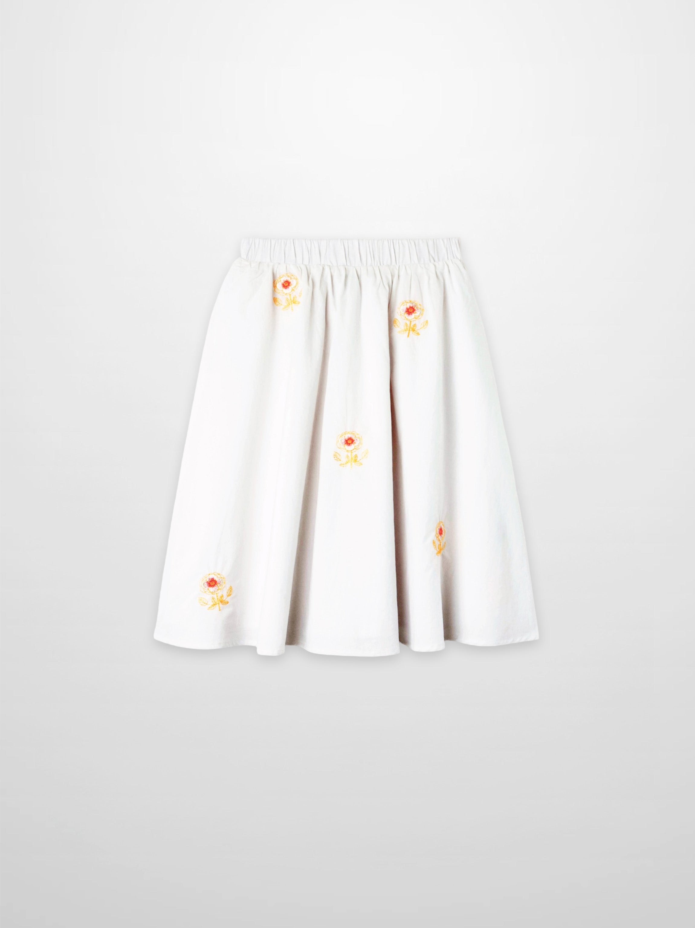 Embroidered Flower Skirt for girls, white dressy skirt with yellow-pink floral embroidery and elastic waist.