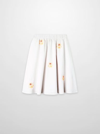 Embroidered Flower Skirt for girls, white dressy skirt with yellow-pink floral embroidery and elastic waist.