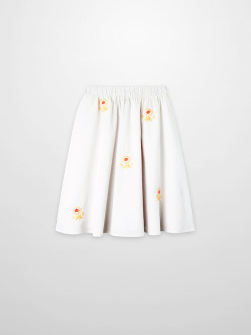 Embroidered Flower Skirt for girls, white dressy skirt with yellow-pink floral embroidery and elastic waist.