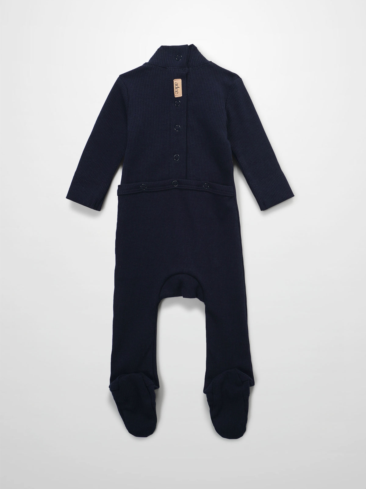 Navy ribbed baby footed romper with a mock neck and back button placket.
