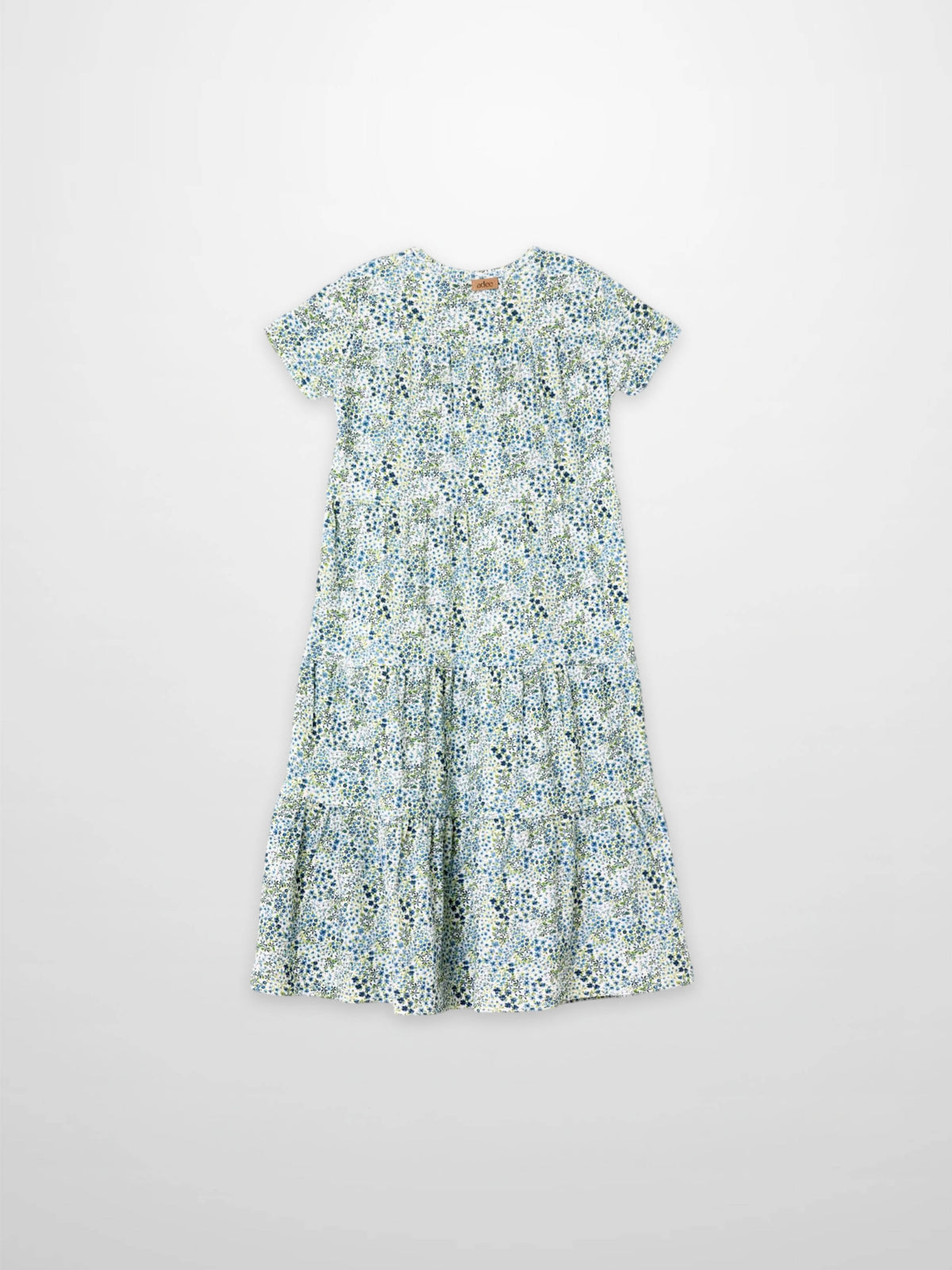 Blue floral dress for girls by Adee, short sleeves with tiered skirt.