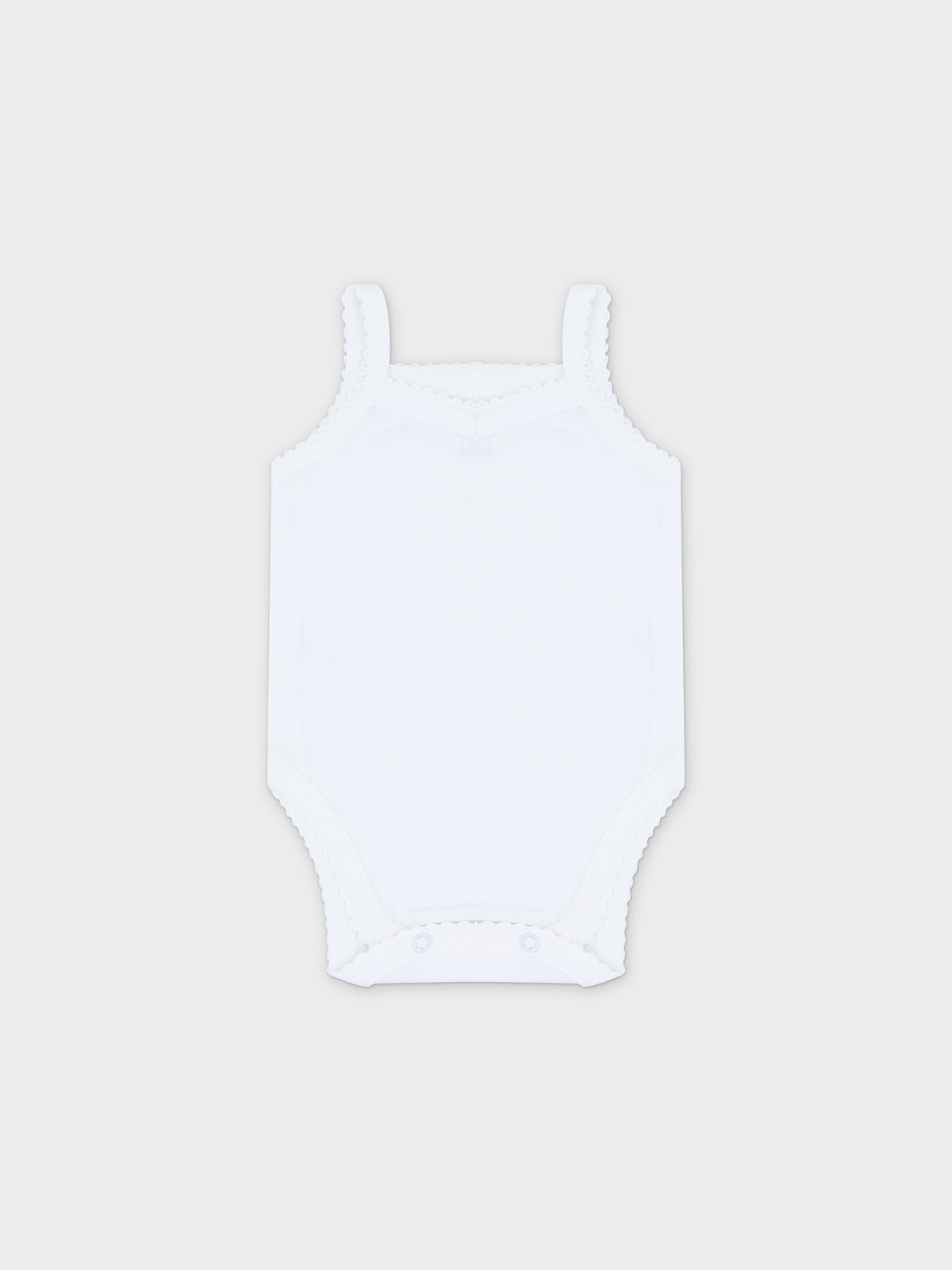Soft white baby bodysuit with lace.