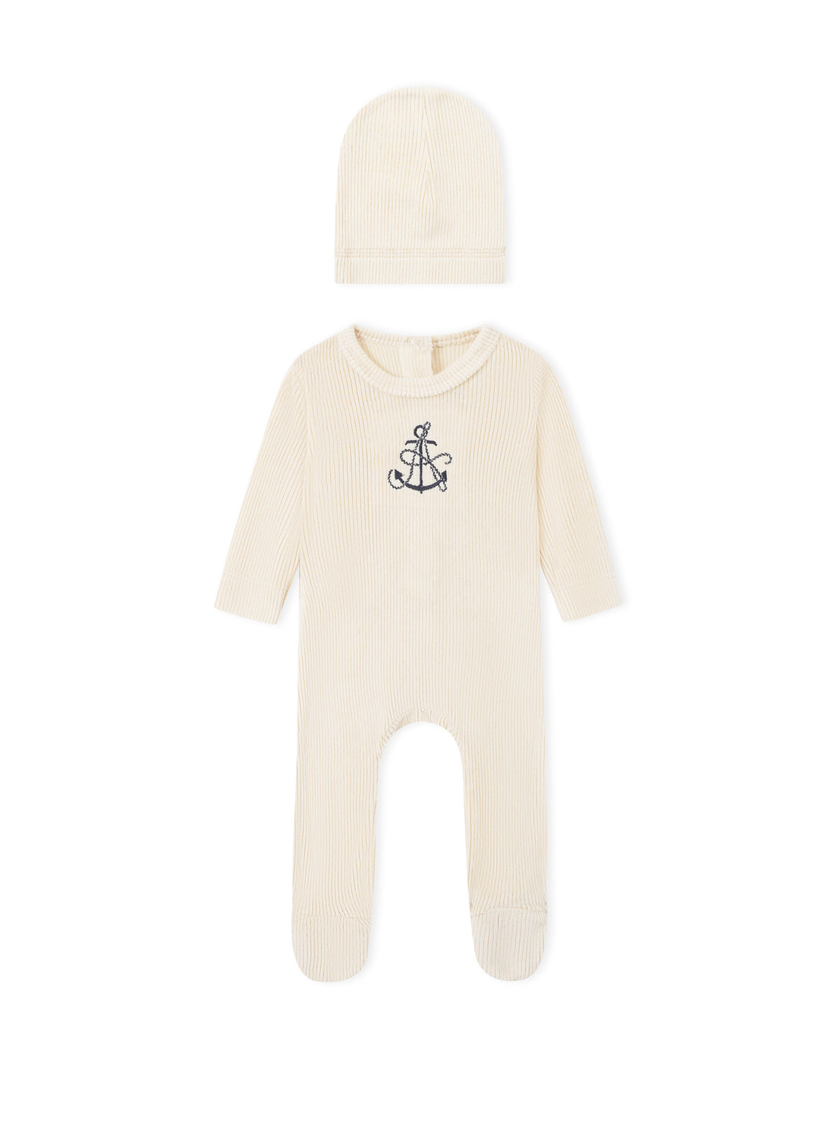 Adee Embroidered Anchor layette set for boys, cream ribbed knit with navy anchor embroidery; includes hat and romper.