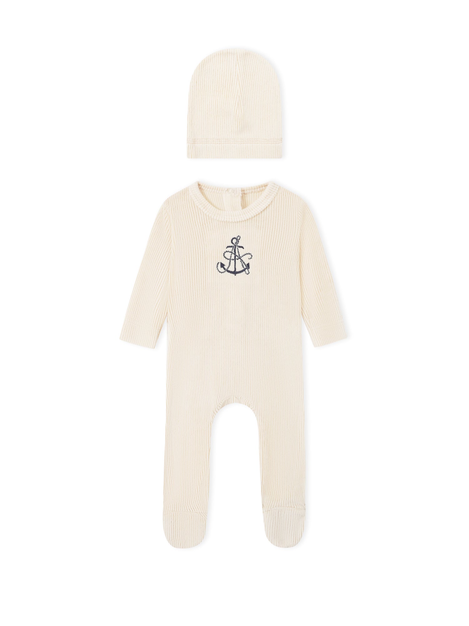 Adee Embroidered Anchor layette set for boys, cream ribbed knit with navy anchor embroidery; includes hat and romper.