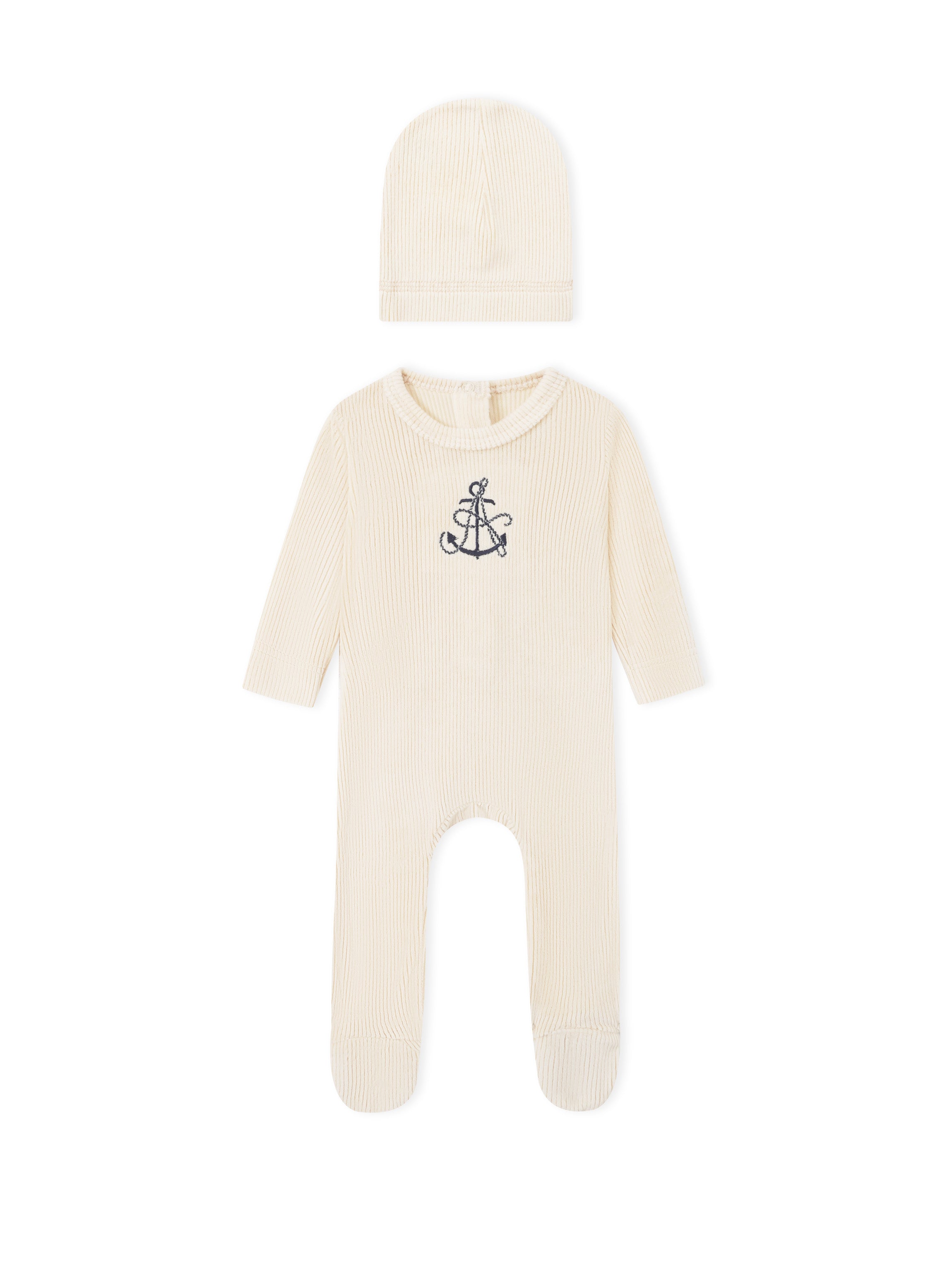 Adee Embroidered Anchor layette set for boys, cream ribbed knit with navy anchor embroidery; includes hat and romper.