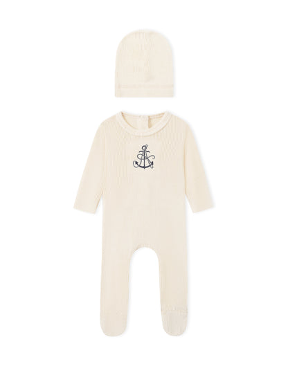 Adee Embroidered Anchor layette set for boys, cream ribbed knit with navy anchor embroidery; includes hat and romper.
