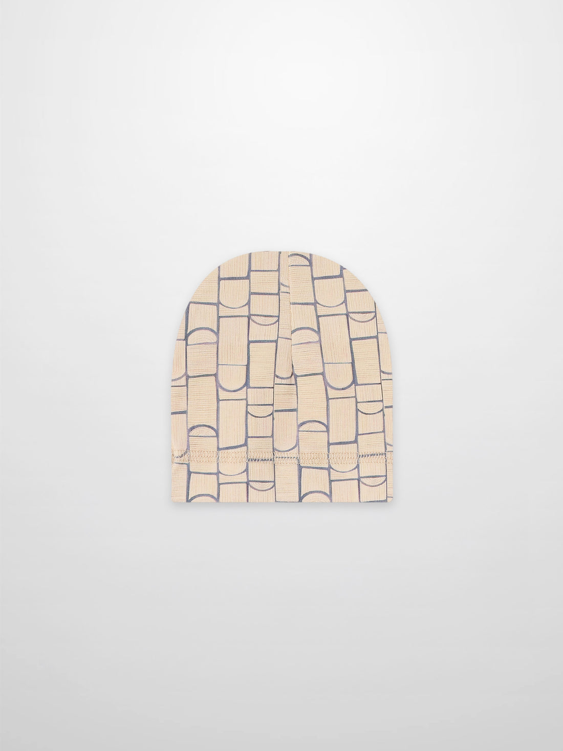 Geometric hat for boys, beige knit with blue geometric shapes