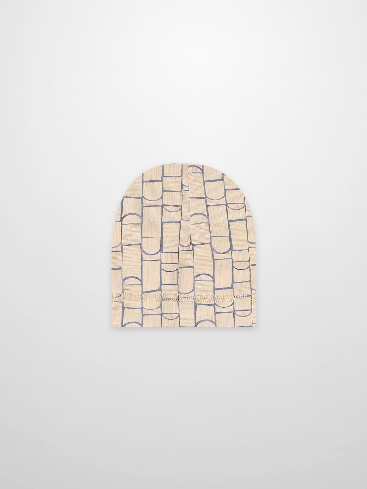 Geometric hat for boys, beige knit with blue geometric shapes