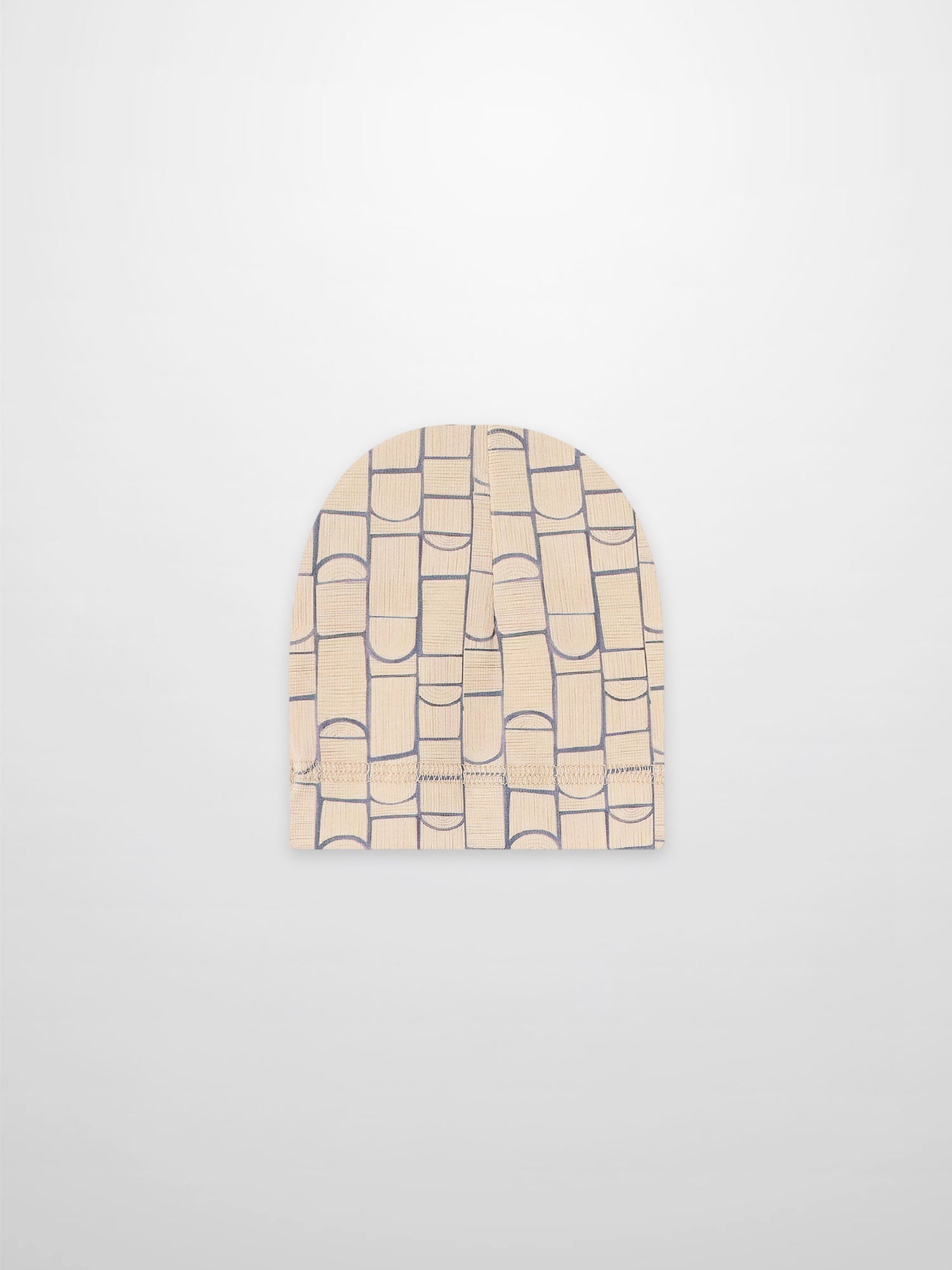 Geometric hat for boys, beige knit with blue geometric shapes