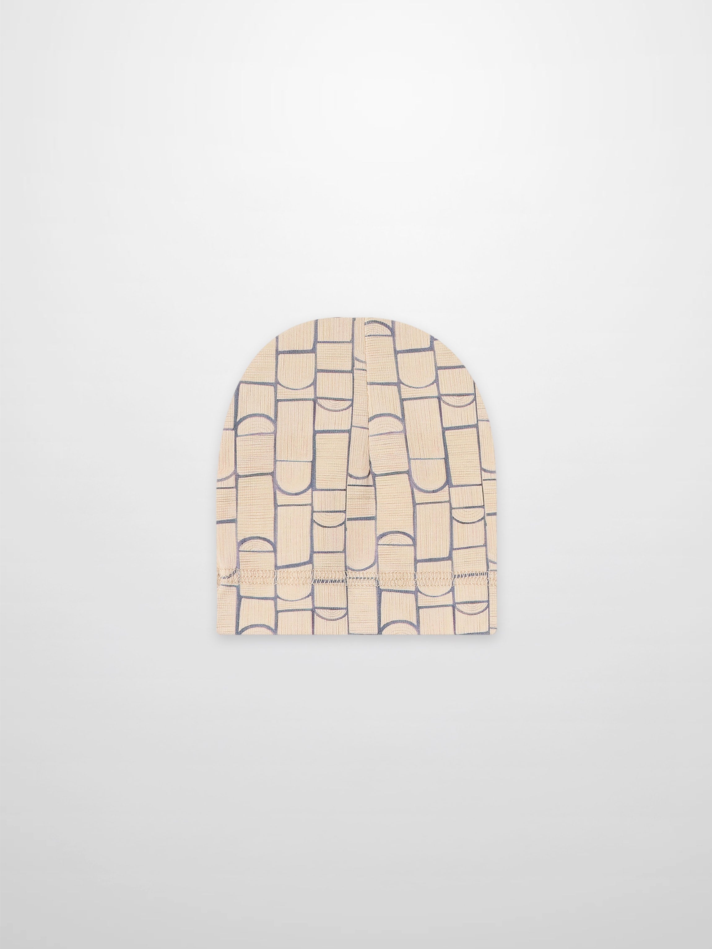 Geometric hat for boys, beige knit with blue geometric shapes