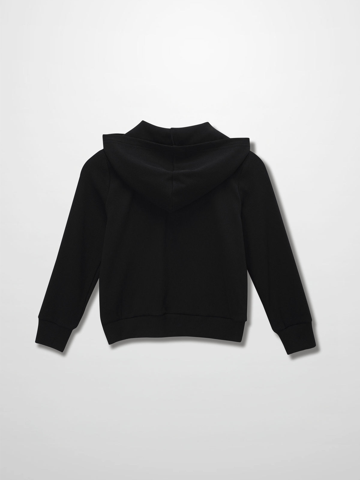 Back view of a black, thin-ribbed zip hoodie with a hood.