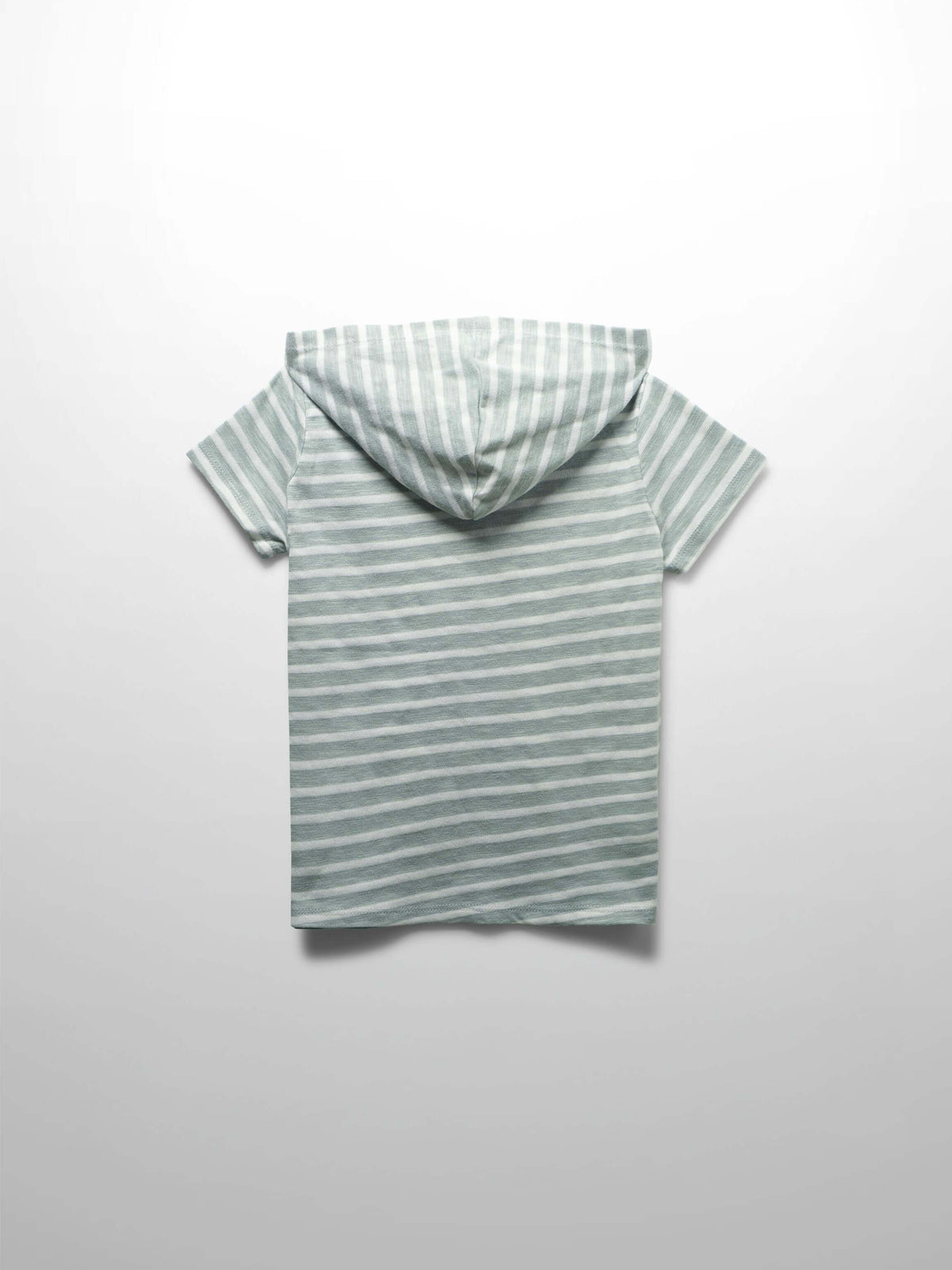 Pastel green and white striped hooded short-sleeve T-shirt for boys, back view