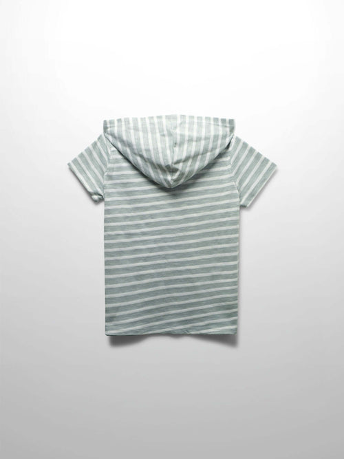 Pastel green and white striped hooded short-sleeve T-shirt for boys, back view